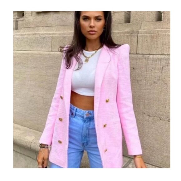 Zara Double Breasted Pink Tweed Blazer with Gold Buttons Size Small NWT - Picture 1 of 9